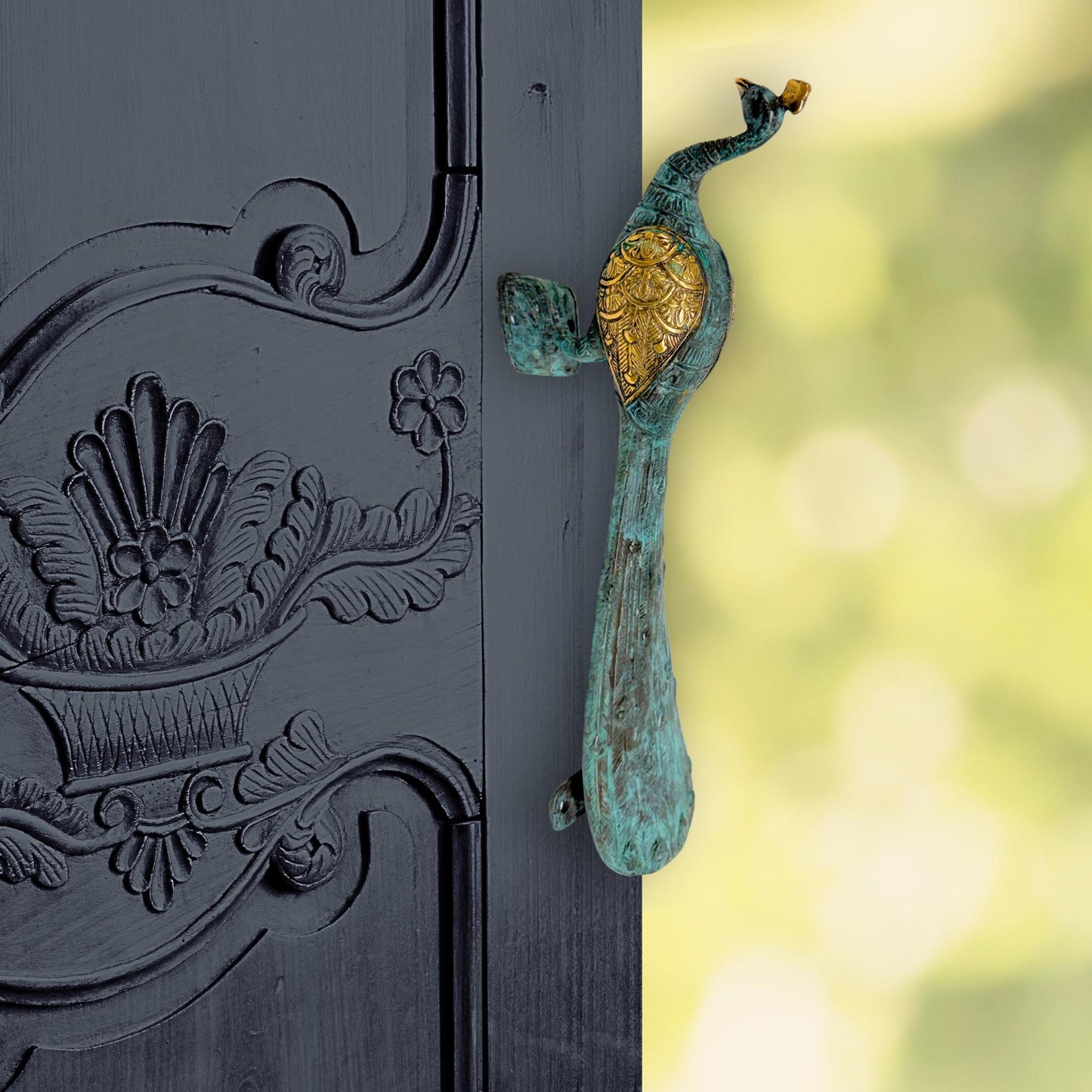 Balinese Peacock Door Handle: Solid Bronze Verdigris Patina, Eclectic Bali Decor