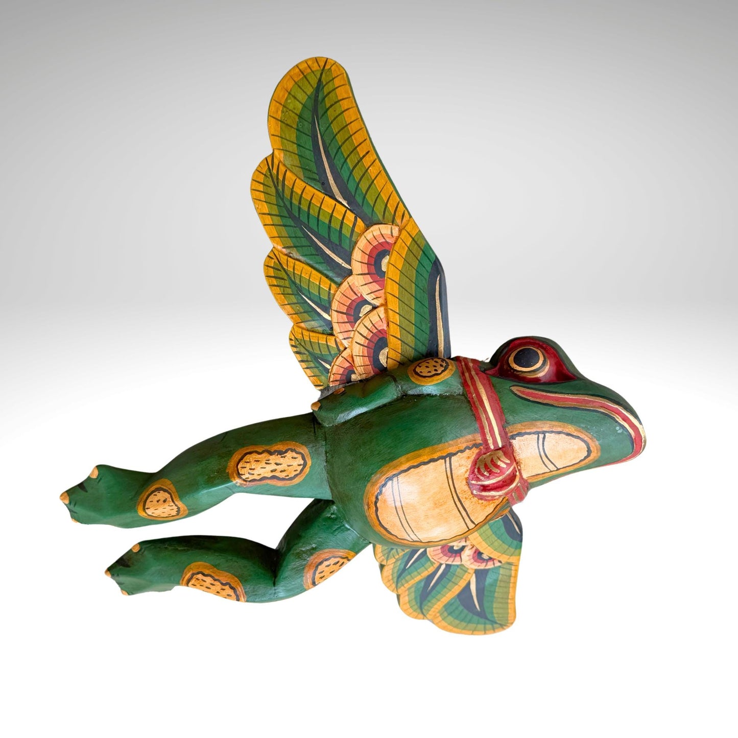 Hand Carved Flying Frog Mobile: Balinese Folk Art Spirit Chaser, Green Wood Art