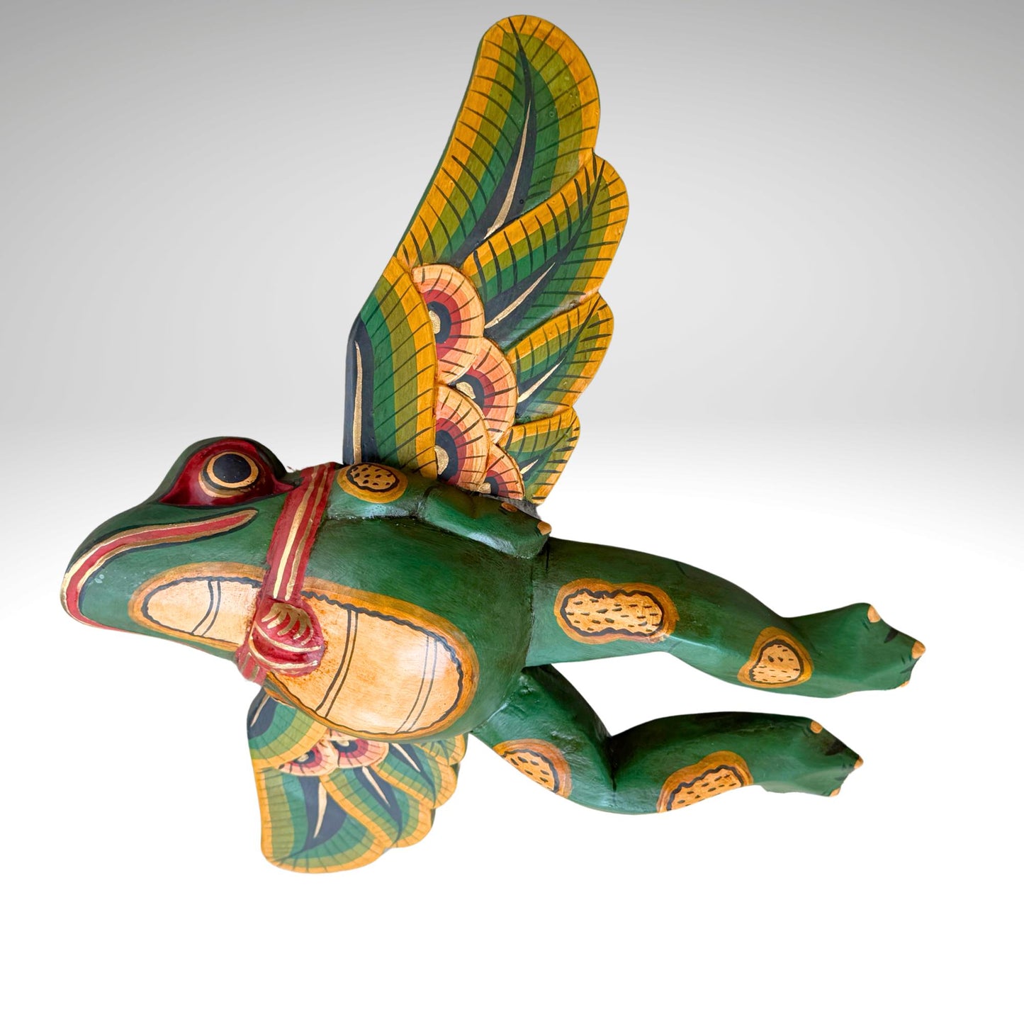 Hand Carved Flying Frog Mobile: Balinese Folk Art Spirit Chaser, Green Wood Art