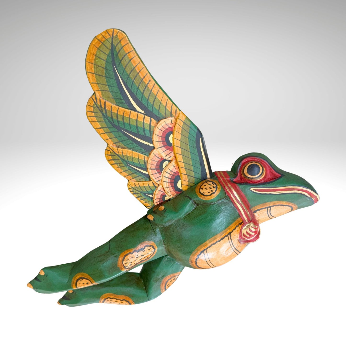 Hand Carved Flying Frog Mobile: Balinese Folk Art Spirit Chaser, Green Wood Art