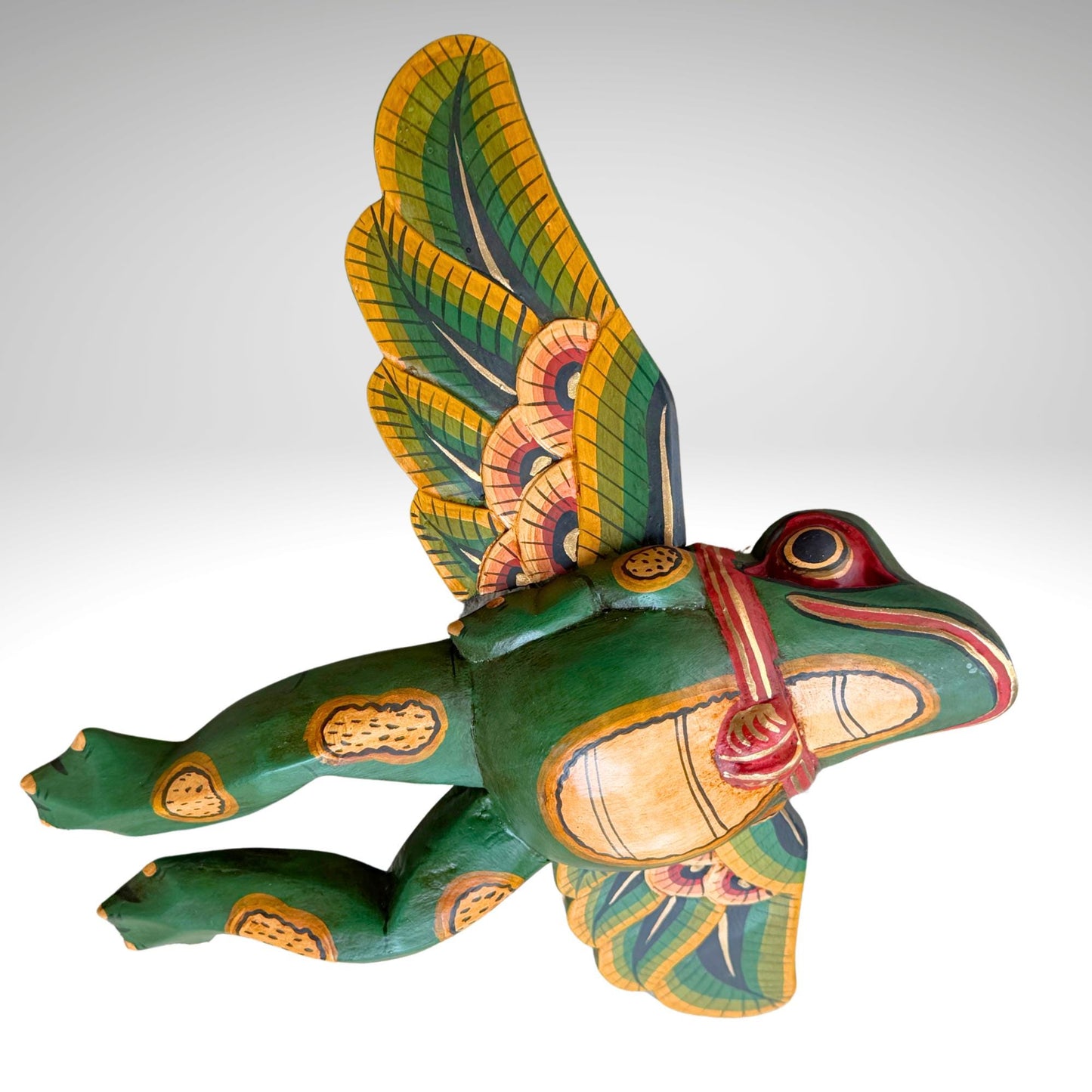 Hand Carved Flying Frog Mobile: Balinese Folk Art Spirit Chaser, Green Wood Art