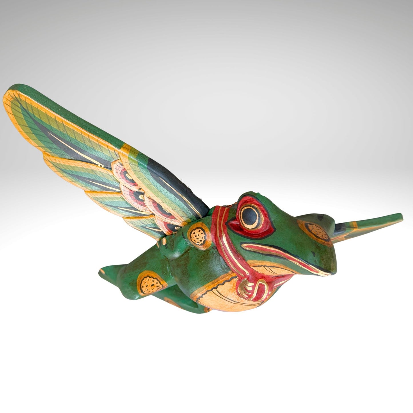 Hand Carved Flying Frog Mobile: Balinese Folk Art Spirit Chaser, Green Wood Art