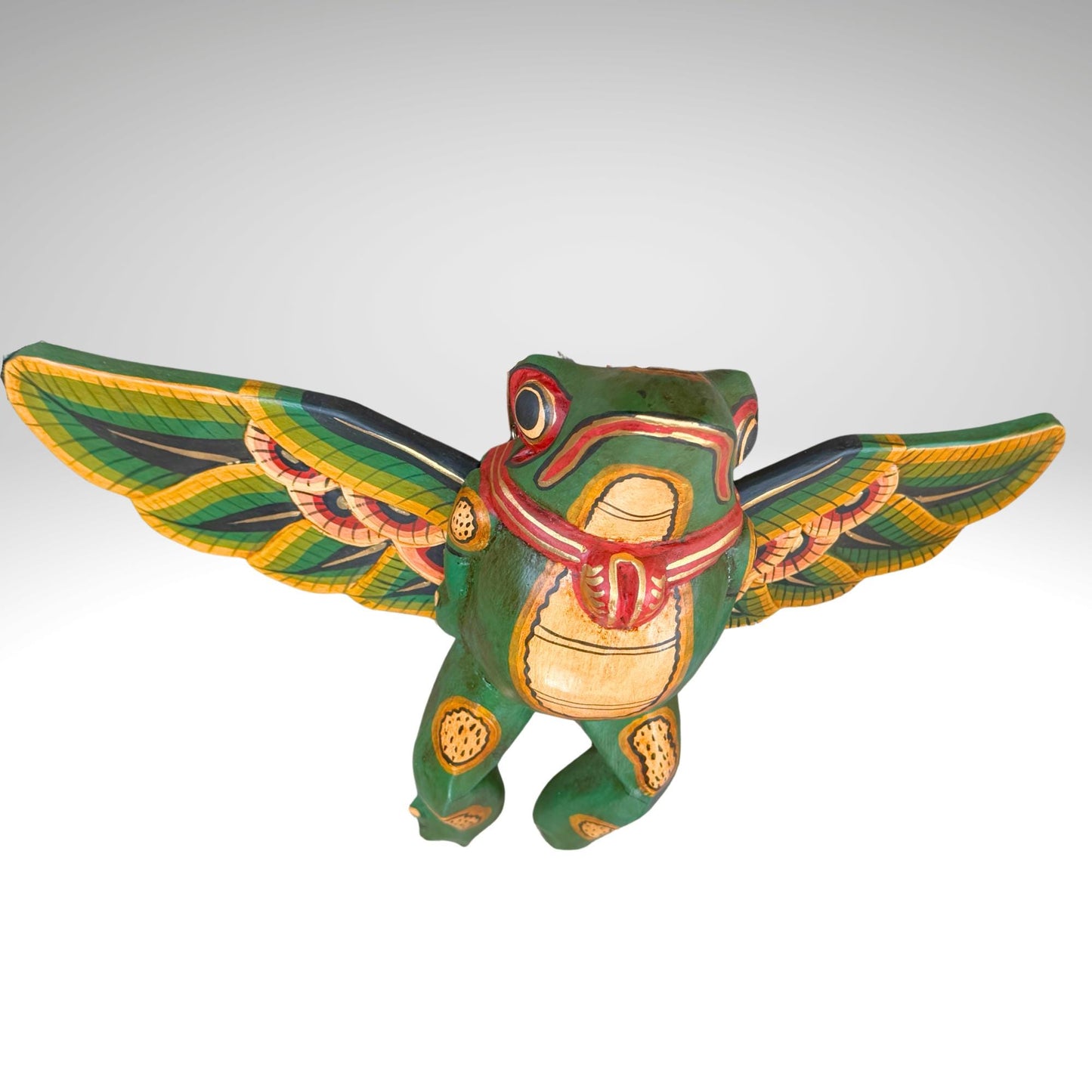 Hand Carved Flying Frog Mobile: Balinese Folk Art Spirit Chaser, Green Wood Art