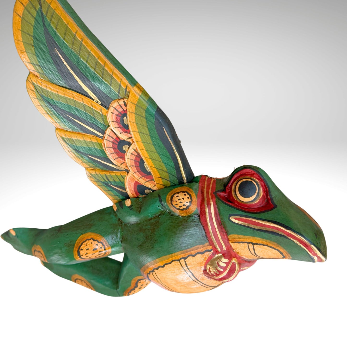Hand Carved Flying Frog Mobile: Balinese Folk Art Spirit Chaser, Green Wood Art
