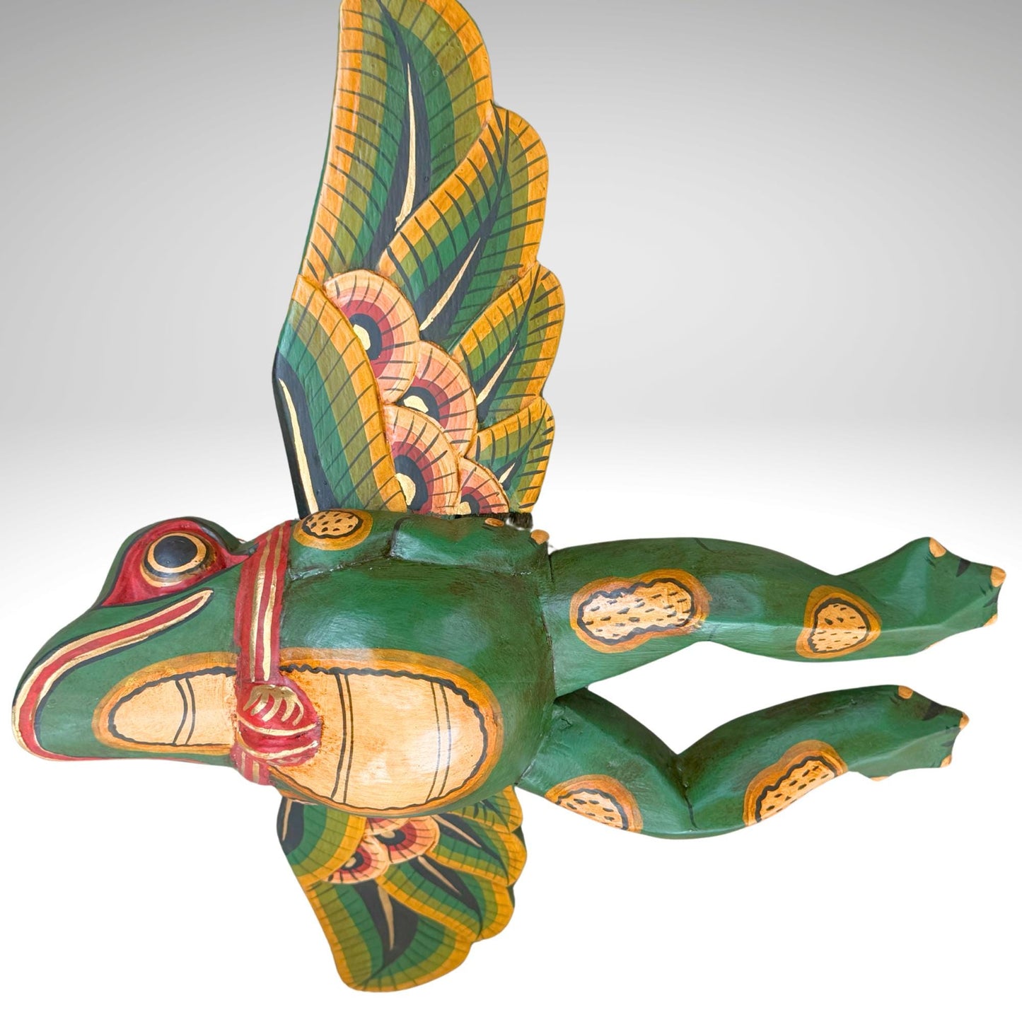 Hand Carved Flying Frog Mobile: Balinese Folk Art Spirit Chaser, Green Wood Art