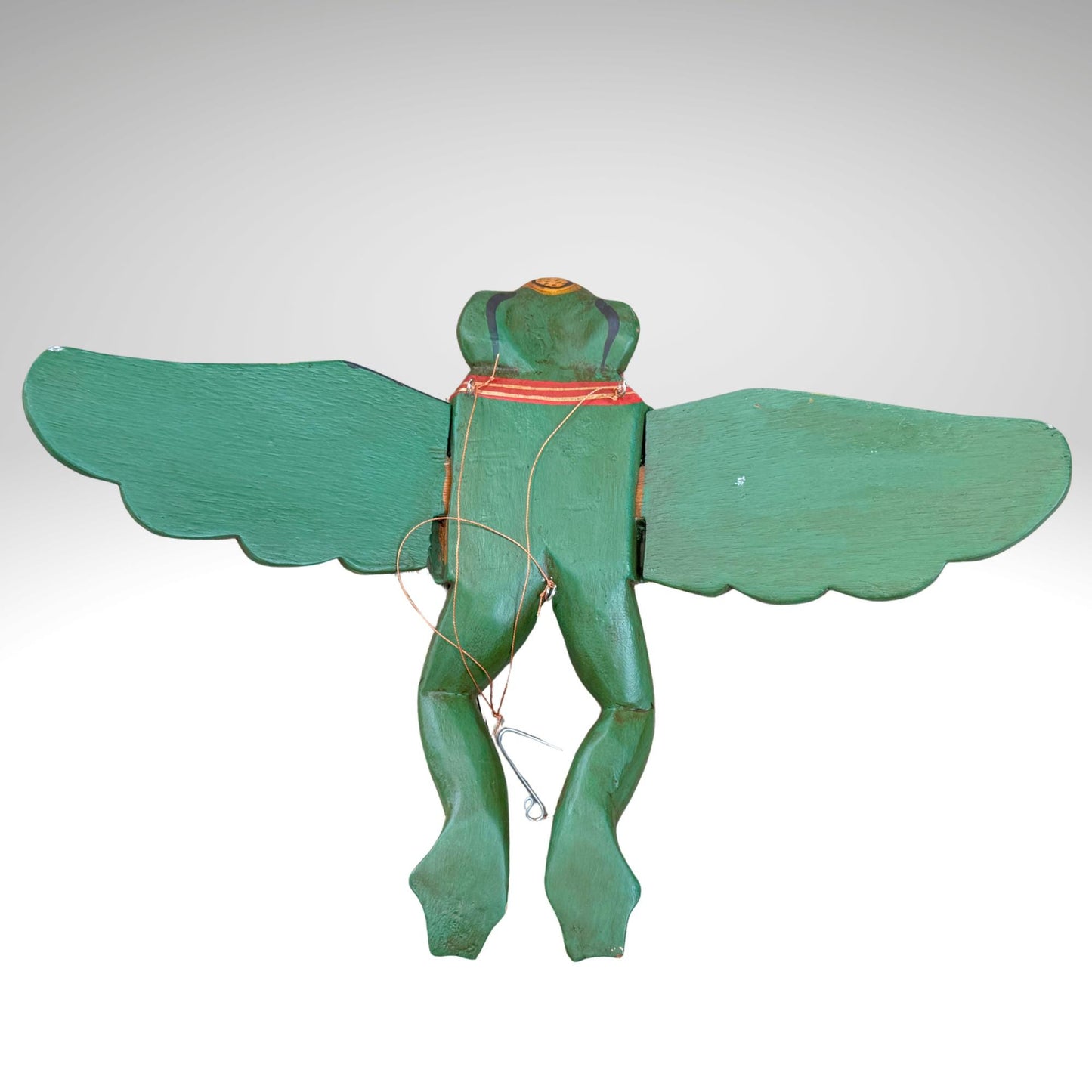 Hand Carved Flying Frog Mobile: Balinese Folk Art Spirit Chaser, Green Wood Art