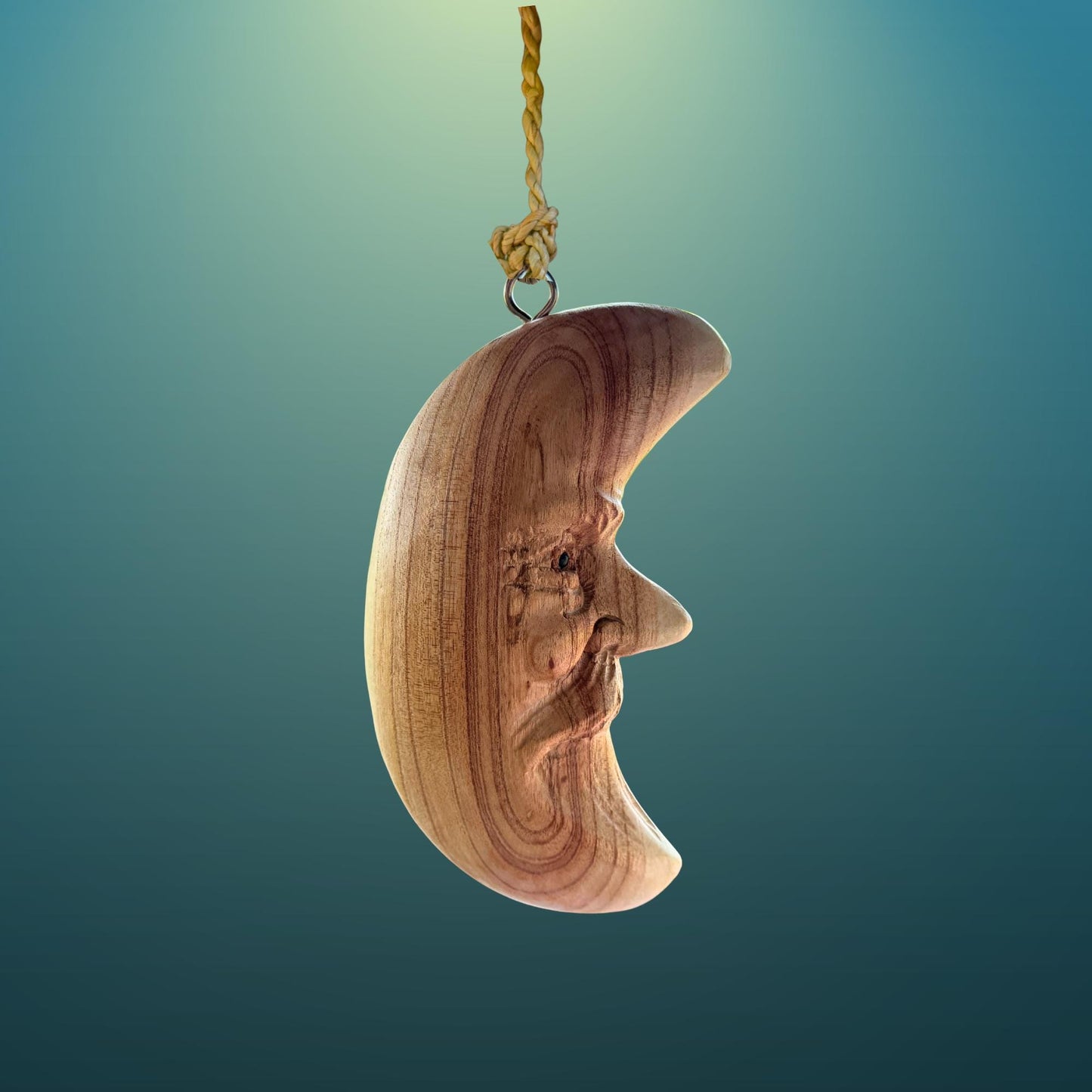 Hand Carved Wood Man in the Moon Hanging Mobile, Bali Folk Art Carving