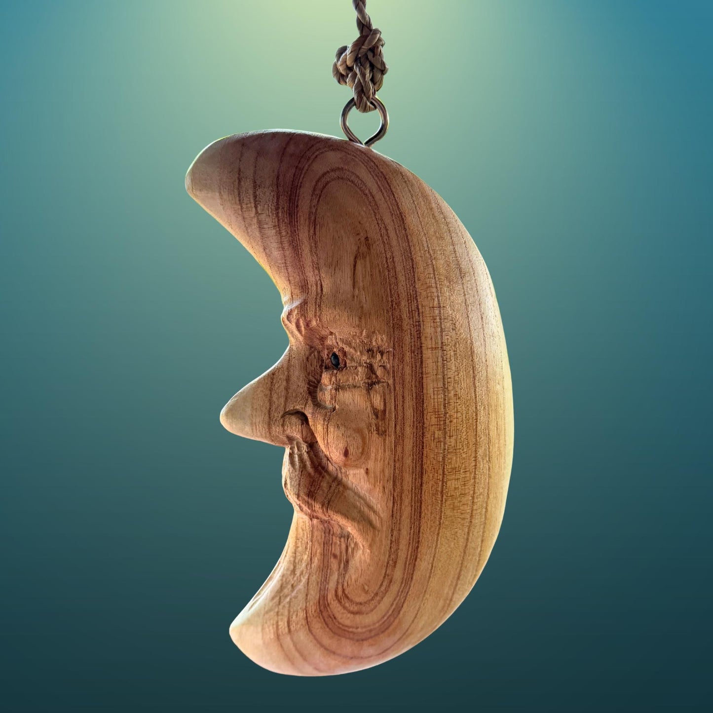 Hand Carved Wood Man in the Moon Hanging Mobile, Bali Folk Art Carving