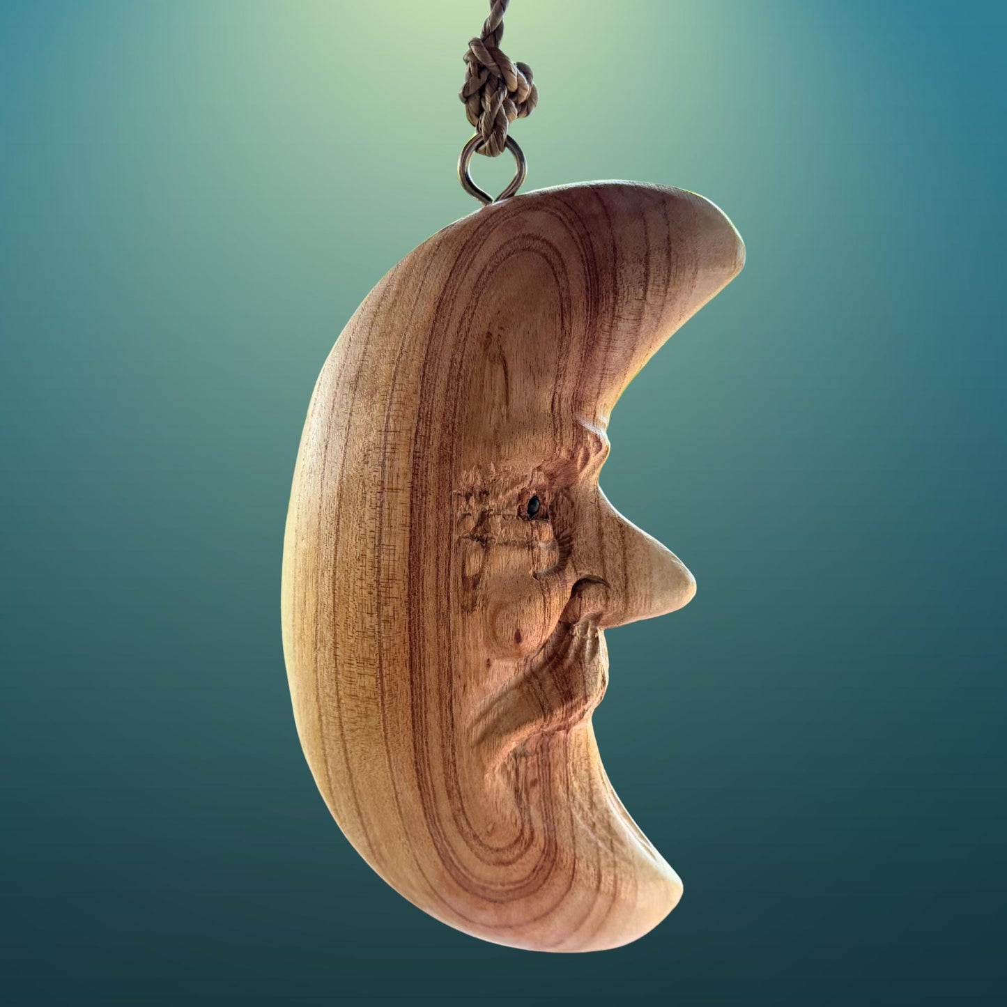 Hand Carved Wood Man in the Moon Hanging Mobile, Bali Folk Art Carving