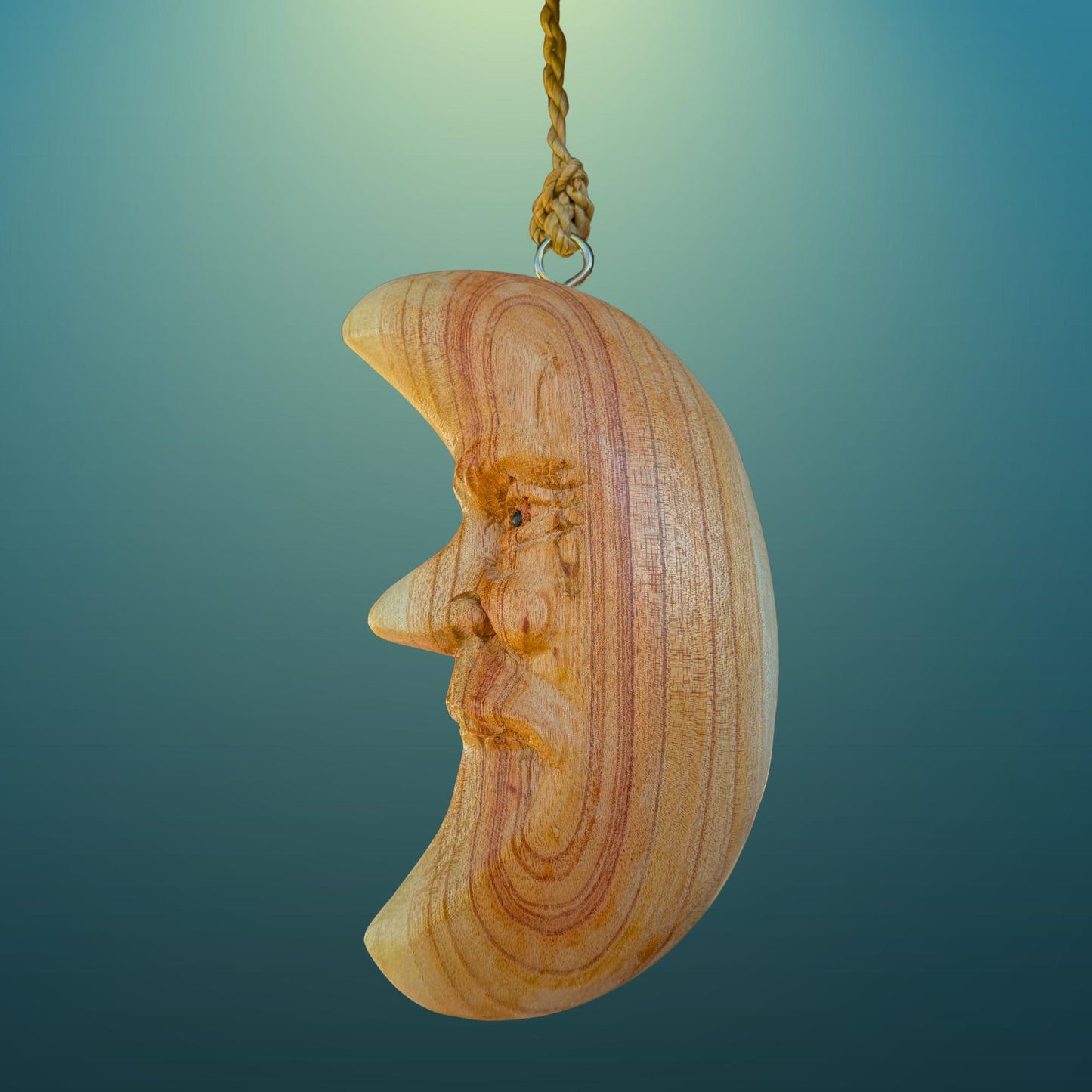 Hand Carved Wood Man in the Moon Hanging Mobile, Bali Folk Art Carving