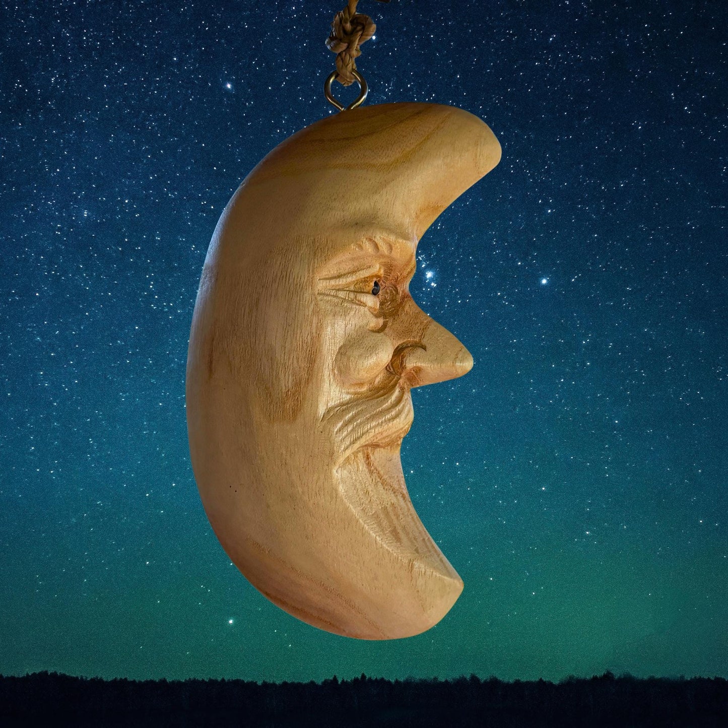 Hand Carved Wood Man in the Moon Hanging Mobile, Bali Folk Art Carving