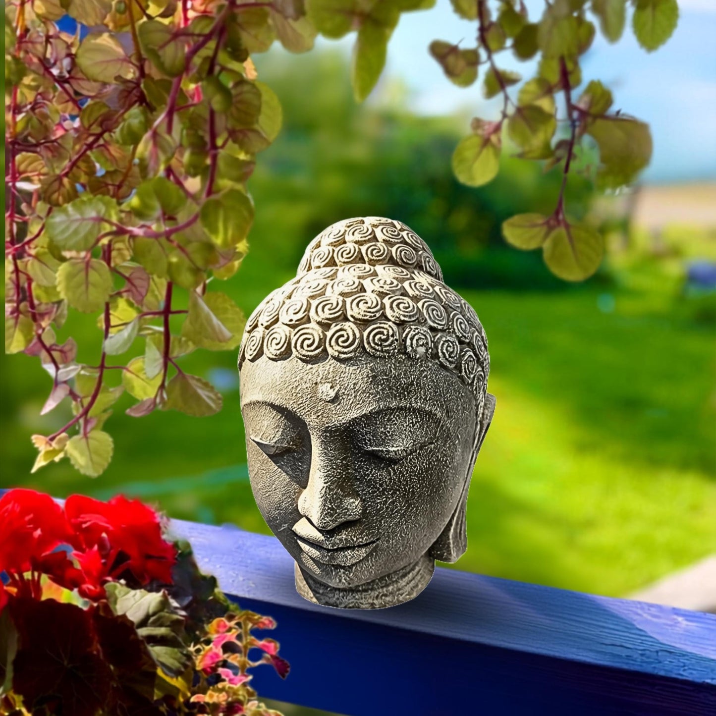 Buddha Head Garden Statue: Handmade Cast Lava Stone Sculpture, Balinese Garden Decor