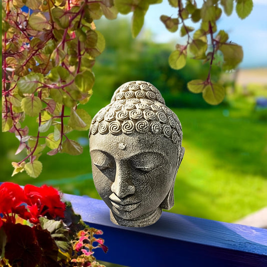 Buddha Head Garden Statue: Handmade Cast Lava Stone Sculpture, Balinese Garden Decor