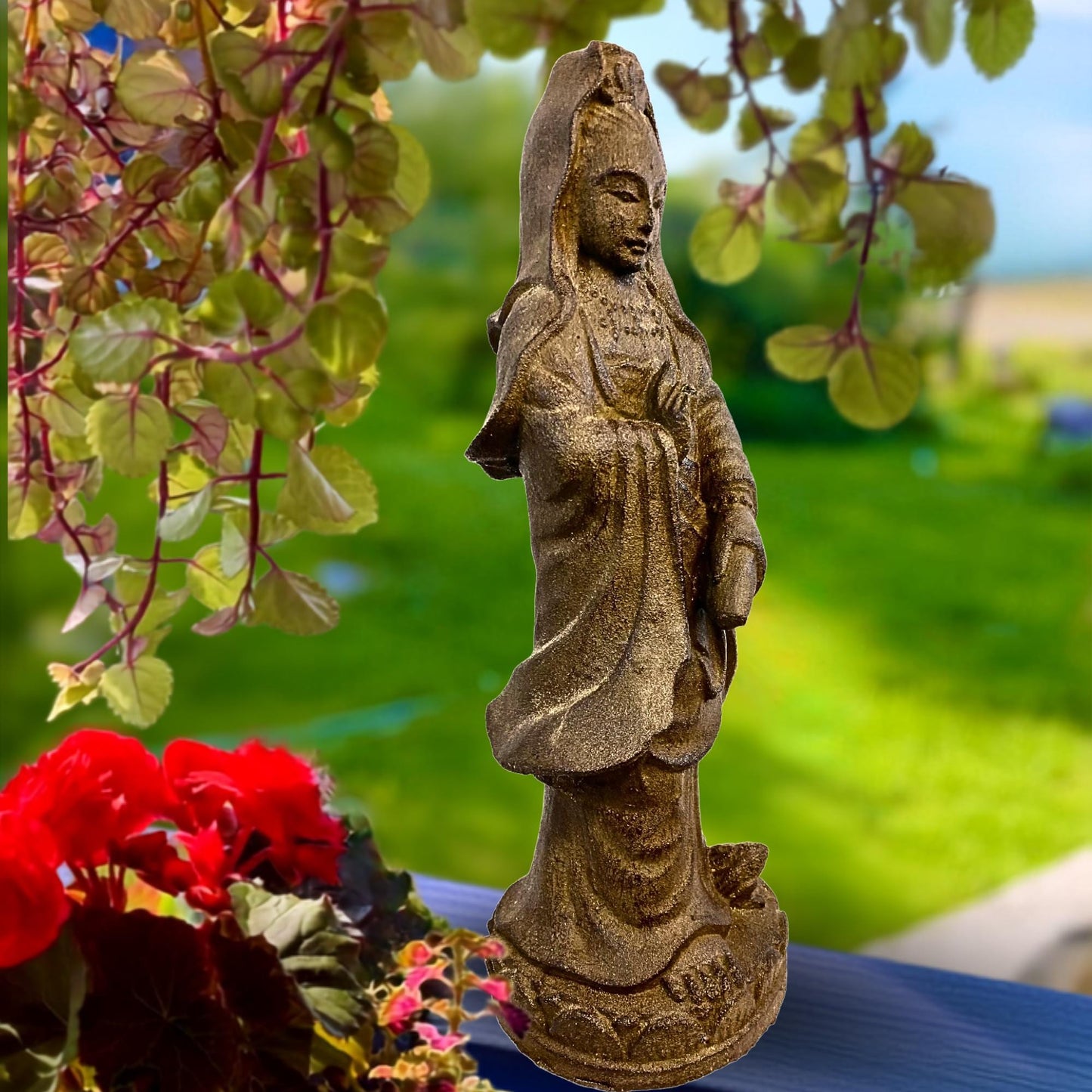 Bodhisattva Guanyin Goddess Garden Statue: Cast Lava Stone, Kwan Yin Goddess of Mercy