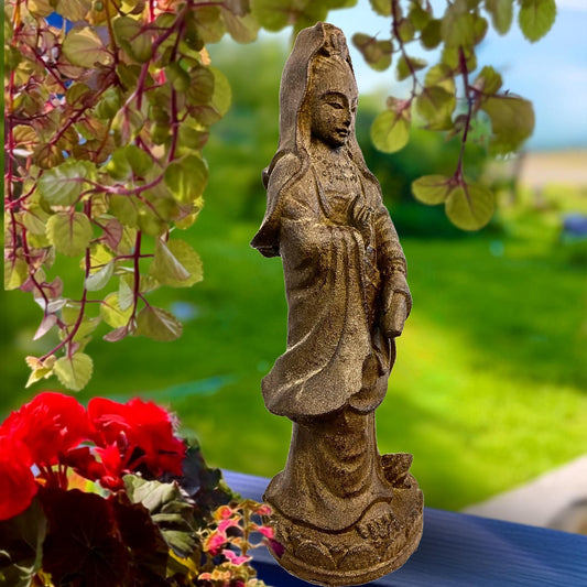 Bodhisattva Guanyin Goddess Garden Statue: Cast Lava Stone, Kwan Yin Goddess of Mercy - Acadia World Traders