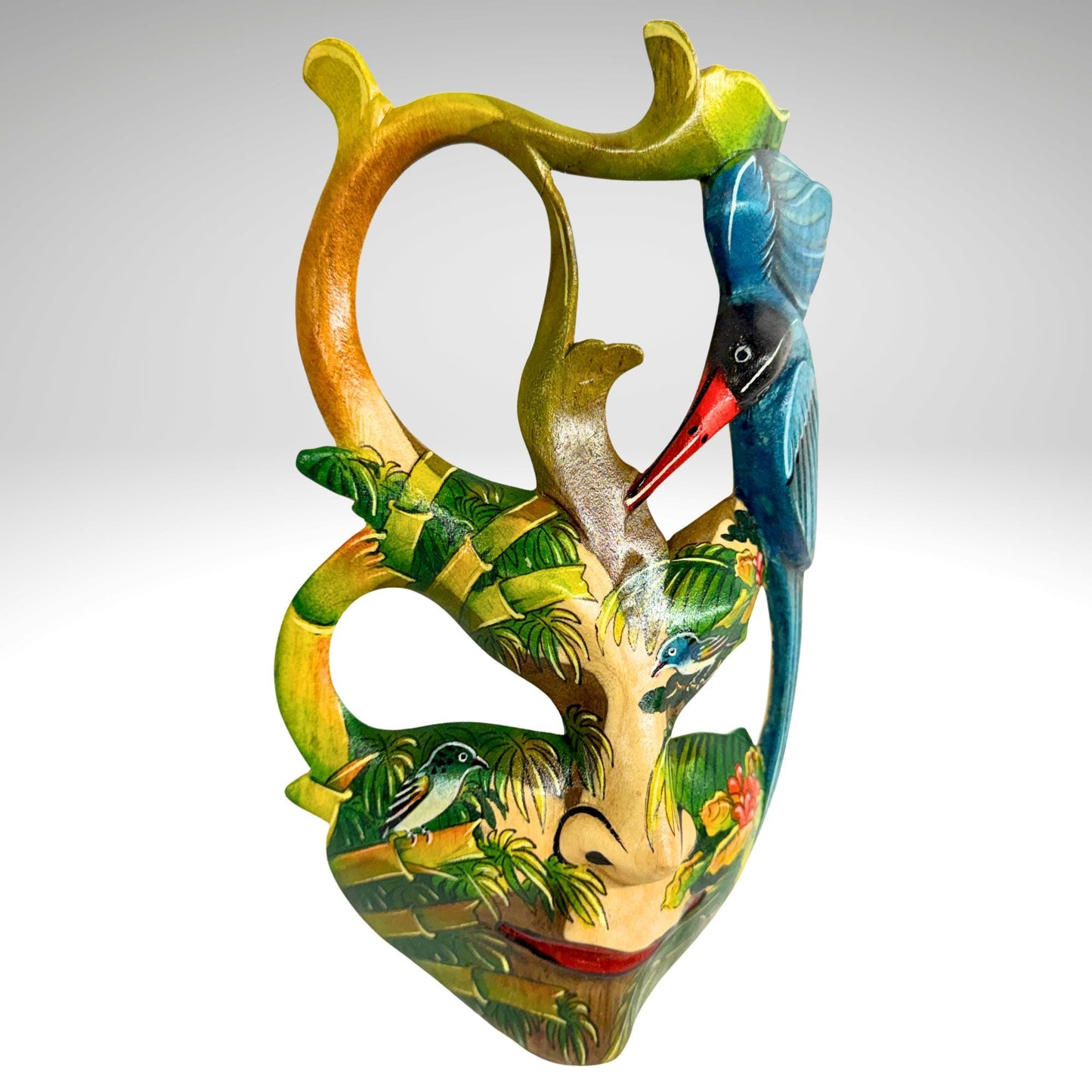 Hand Carved Wood Balinese Mask Kingfisher Goddess: Hand-painted Jungle Garden Abstract Carving, Wall Art
