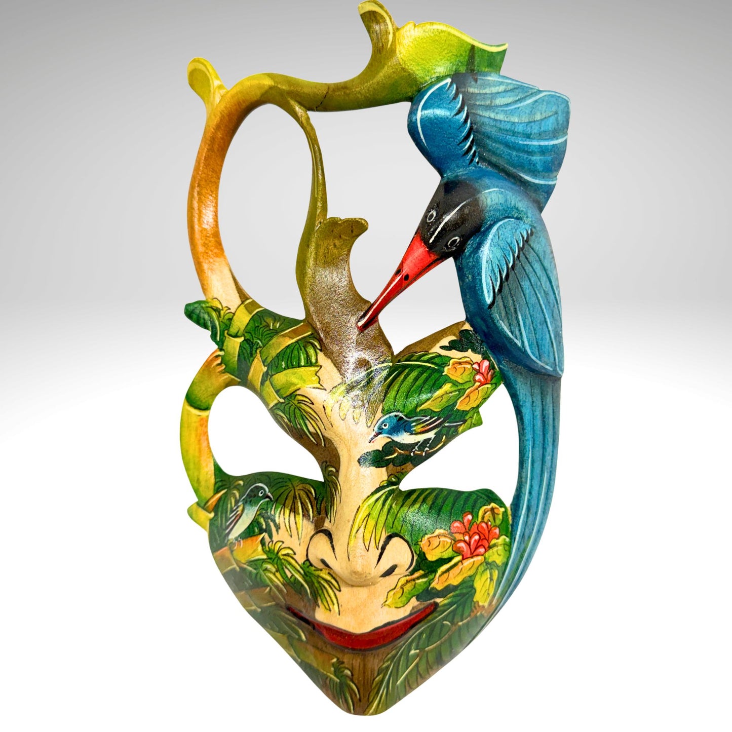Hand Carved Wood Balinese Mask Kingfisher Goddess: Hand-painted Jungle Garden Abstract Carving, Wall Art