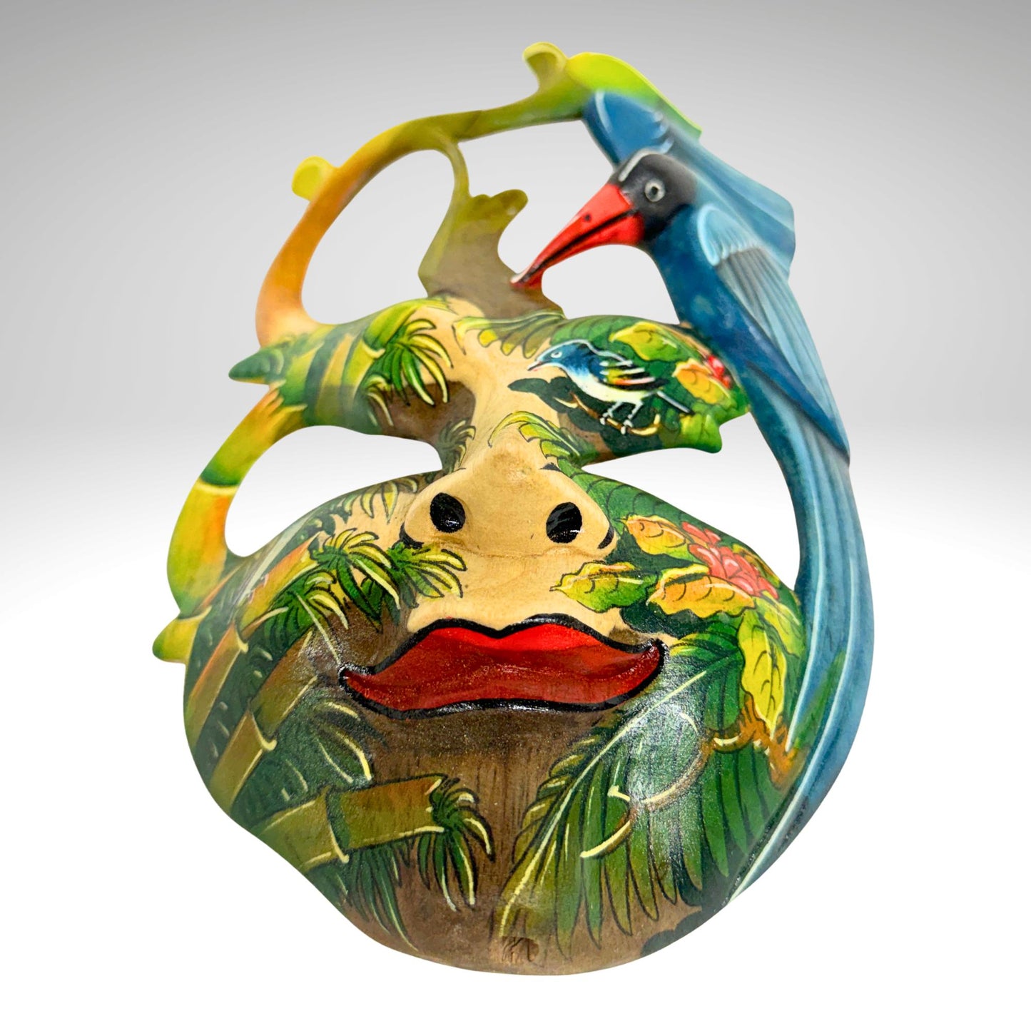 Hand Carved Wood Balinese Mask Kingfisher Goddess: Hand-painted Jungle Garden Abstract Carving, Wall Art
