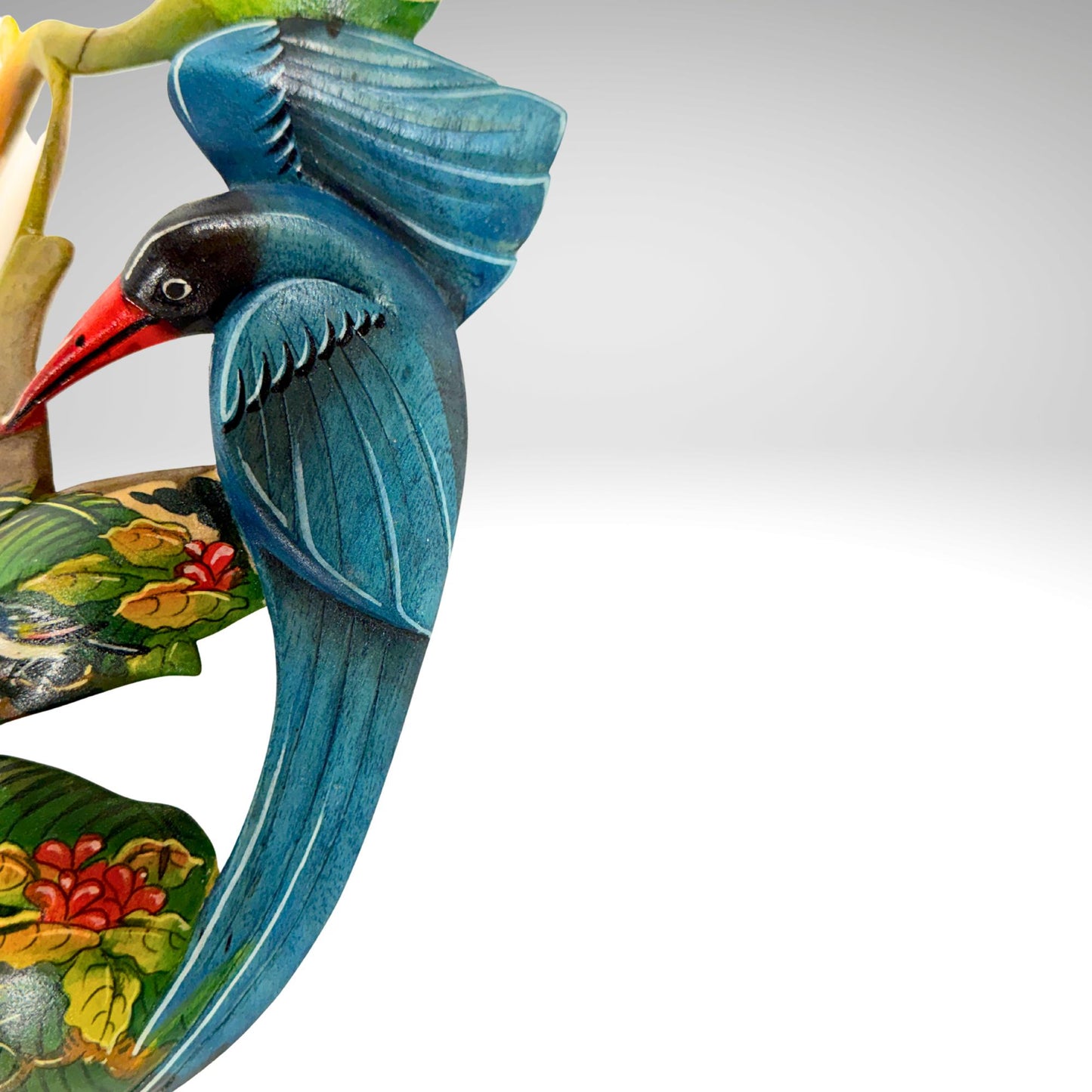 Hand Carved Wood Balinese Mask Kingfisher Goddess: Hand-painted Jungle Garden Abstract Carving, Wall Art
