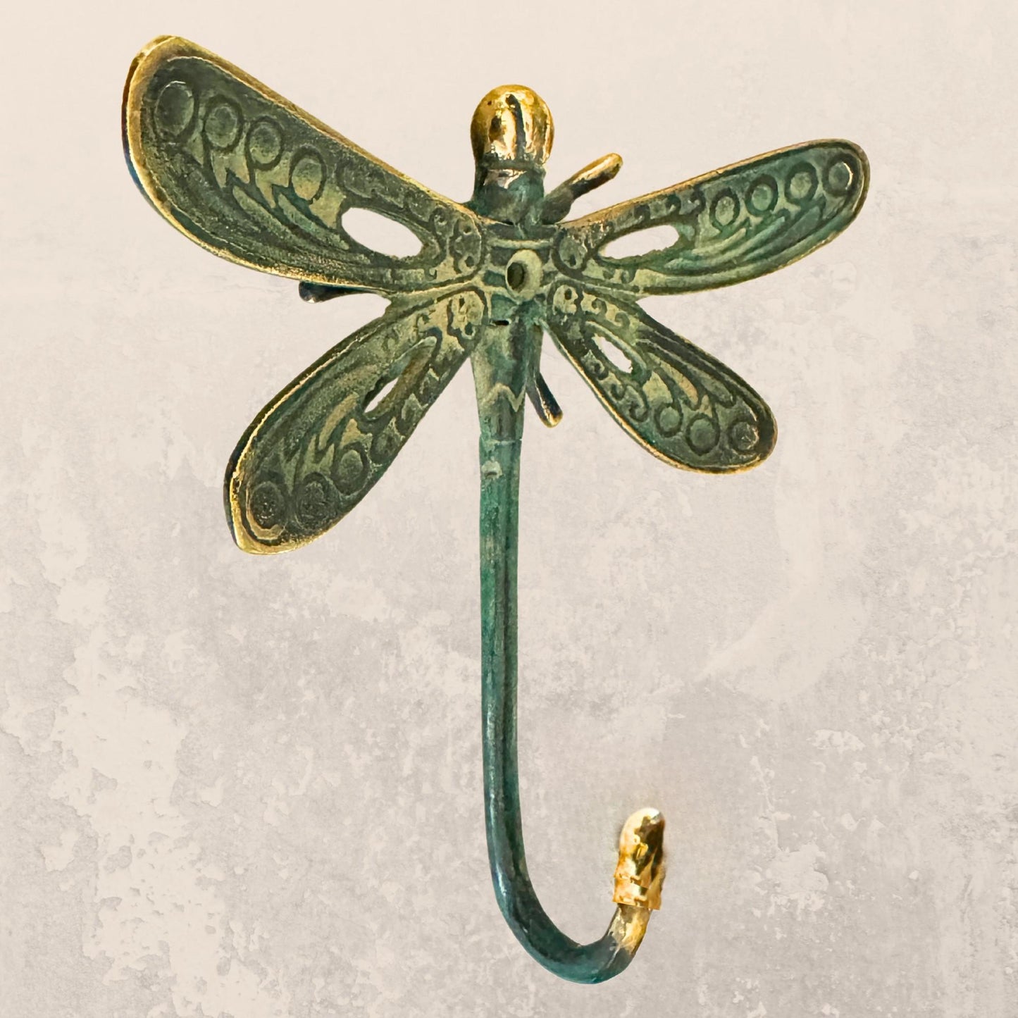 Dragonfly Wall Coat Hook Handmade Verdigris Green solid cast Bronze Metal Handmade Balinese Art