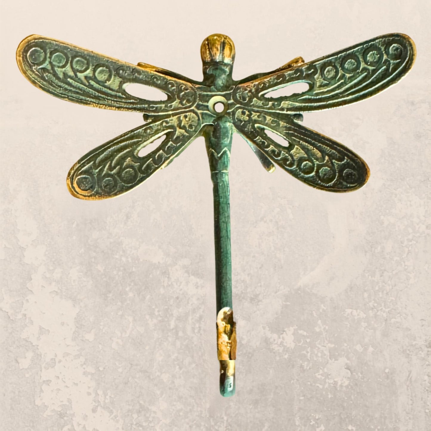 Dragonfly Wall Coat Hook Handmade Verdigris Green solid cast Bronze Metal Handmade Balinese Art