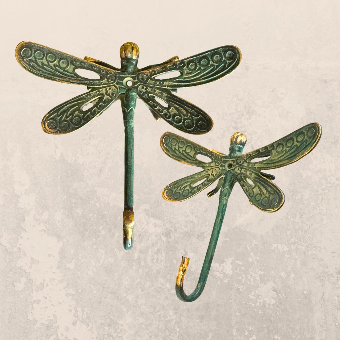 Dragonfly Wall Coat Hook Handmade Verdigris Green solid cast Bronze Metal Handmade Balinese Art