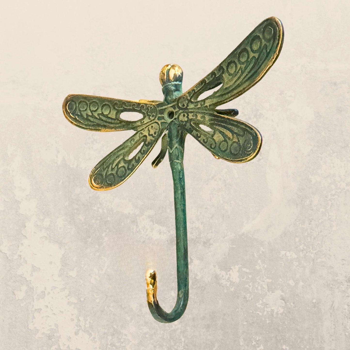 Dragonfly Wall Coat Hook Handmade Verdigris Green solid cast Bronze Metal Handmade Balinese Art