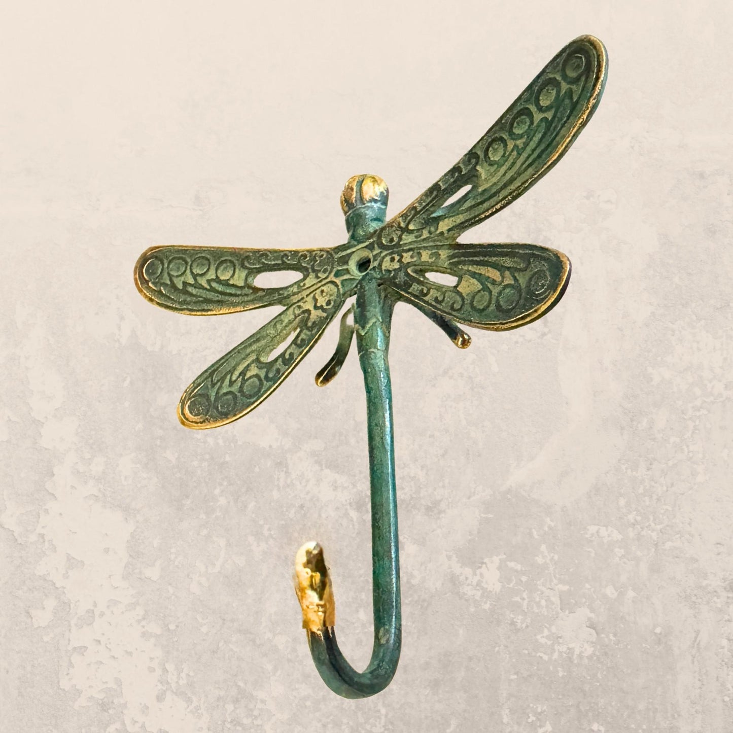 Dragonfly Wall Coat Hook Handmade Verdigris Green solid cast Bronze Metal Handmade Balinese Art