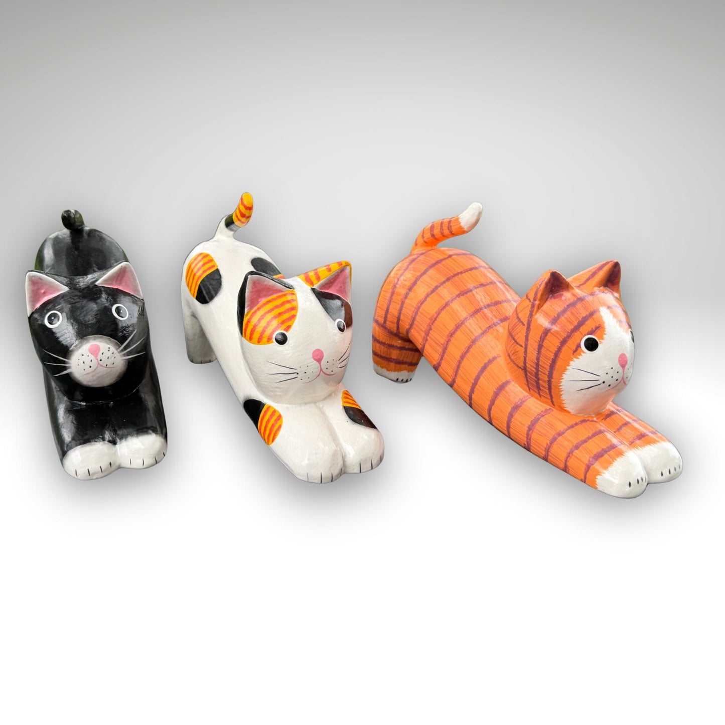 Playful Pouncing Cat Statue,  Hand Carved Wood & Colorfully Painted, Balinese Folk Art