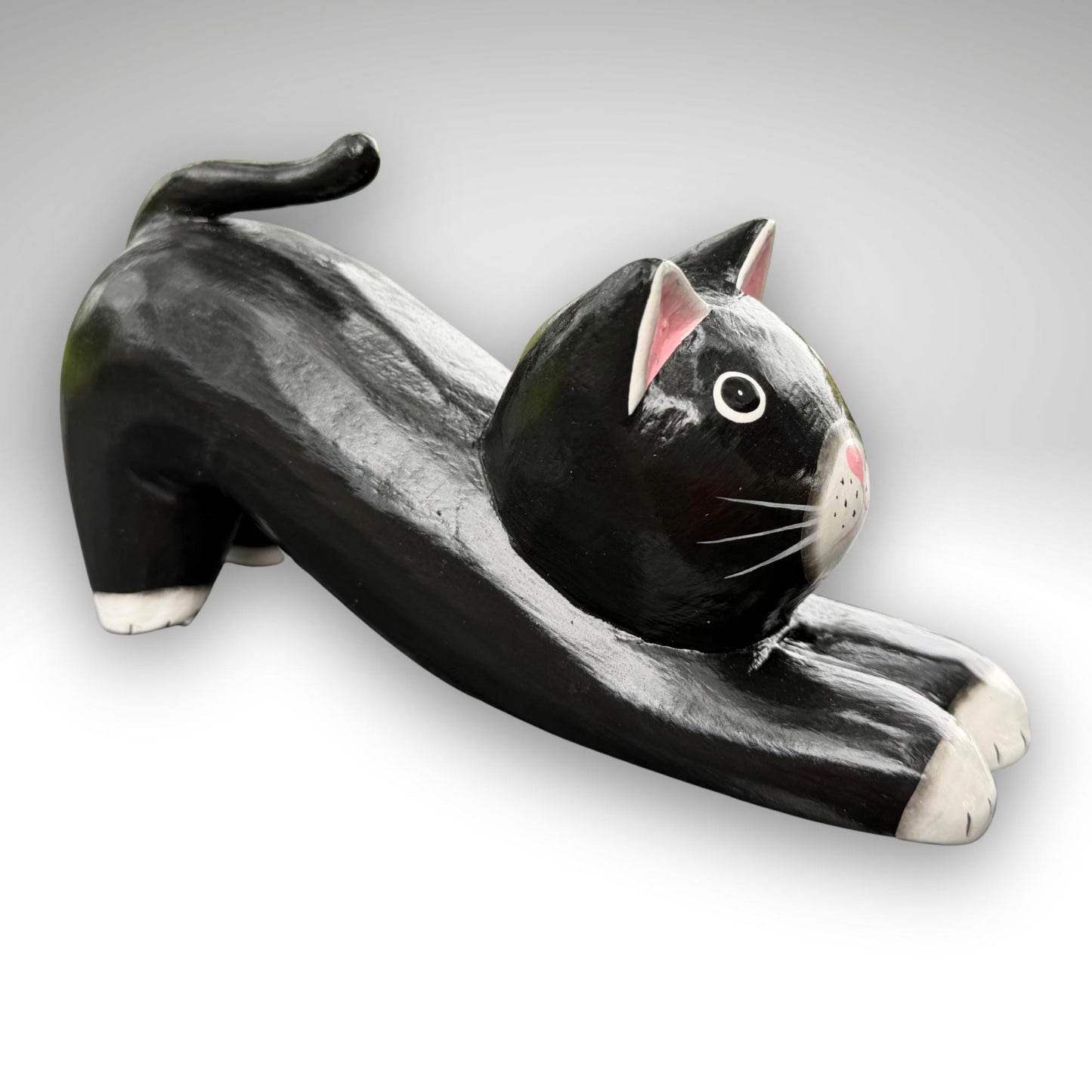 Playful Pouncing Cat Statue,  Hand Carved Wood & Colorfully Painted, Balinese Folk Art
