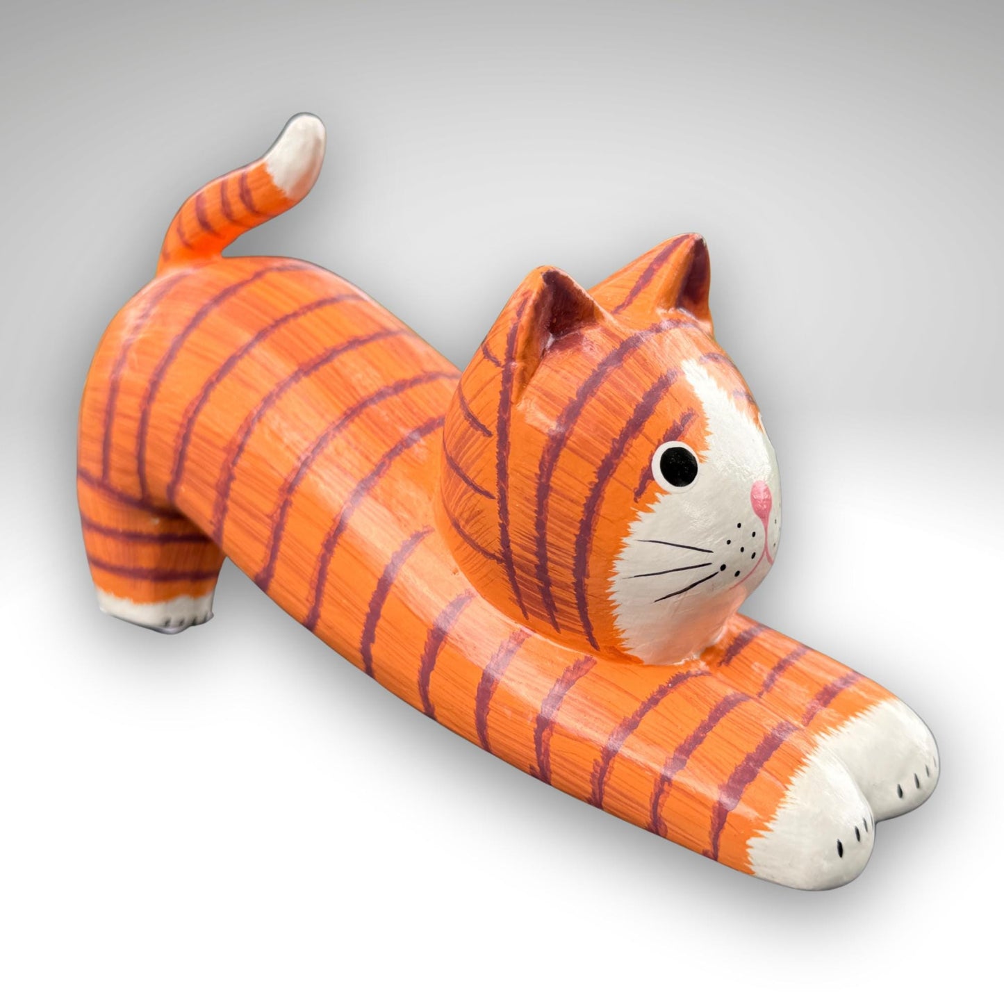 Playful Pouncing Cat Statue,  Hand Carved Wood & Colorfully Painted, Balinese Folk Art