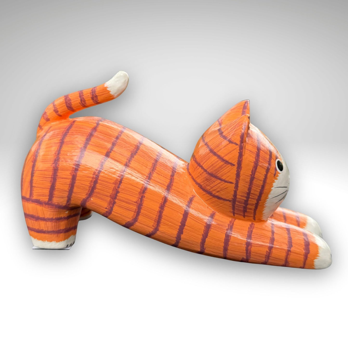 Playful Pouncing Cat Statue,  Hand Carved Wood & Colorfully Painted, Balinese Folk Art