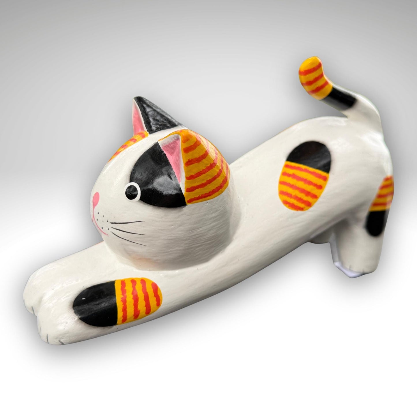 Playful Pouncing Cat Statue,  Hand Carved Wood & Colorfully Painted, Balinese Folk Art