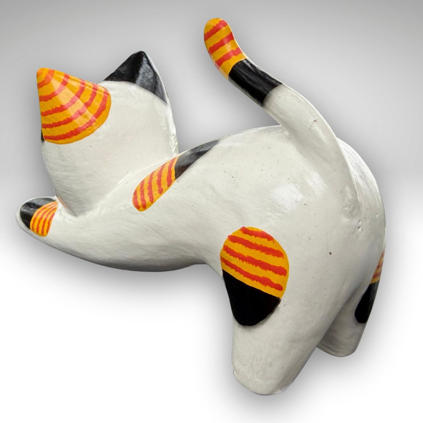 Playful Pouncing Cat Statue,  Hand Carved Wood & Colorfully Painted, Balinese Folk Art