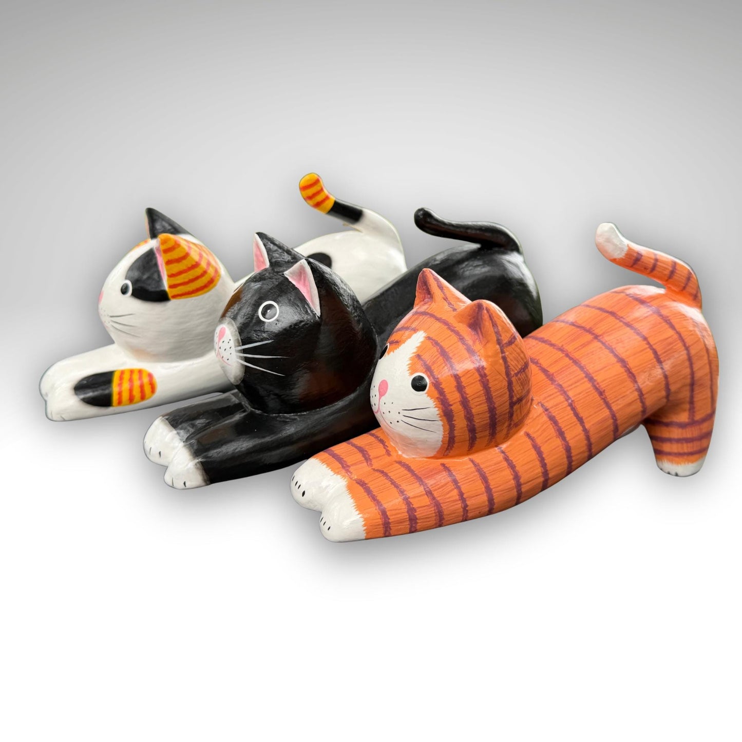 Playful Pouncing Cat Statue,  Hand Carved Wood & Colorfully Painted, Balinese Folk Art