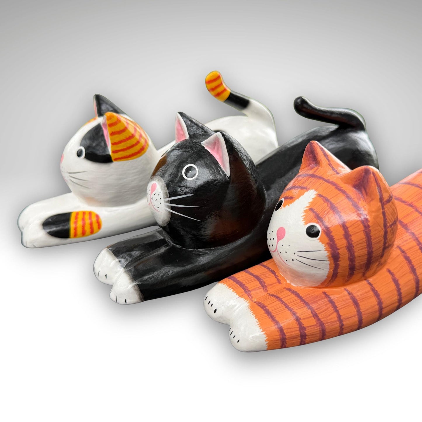 Playful Pouncing Cat Statue,  Hand Carved Wood & Colorfully Painted, Balinese Folk Art