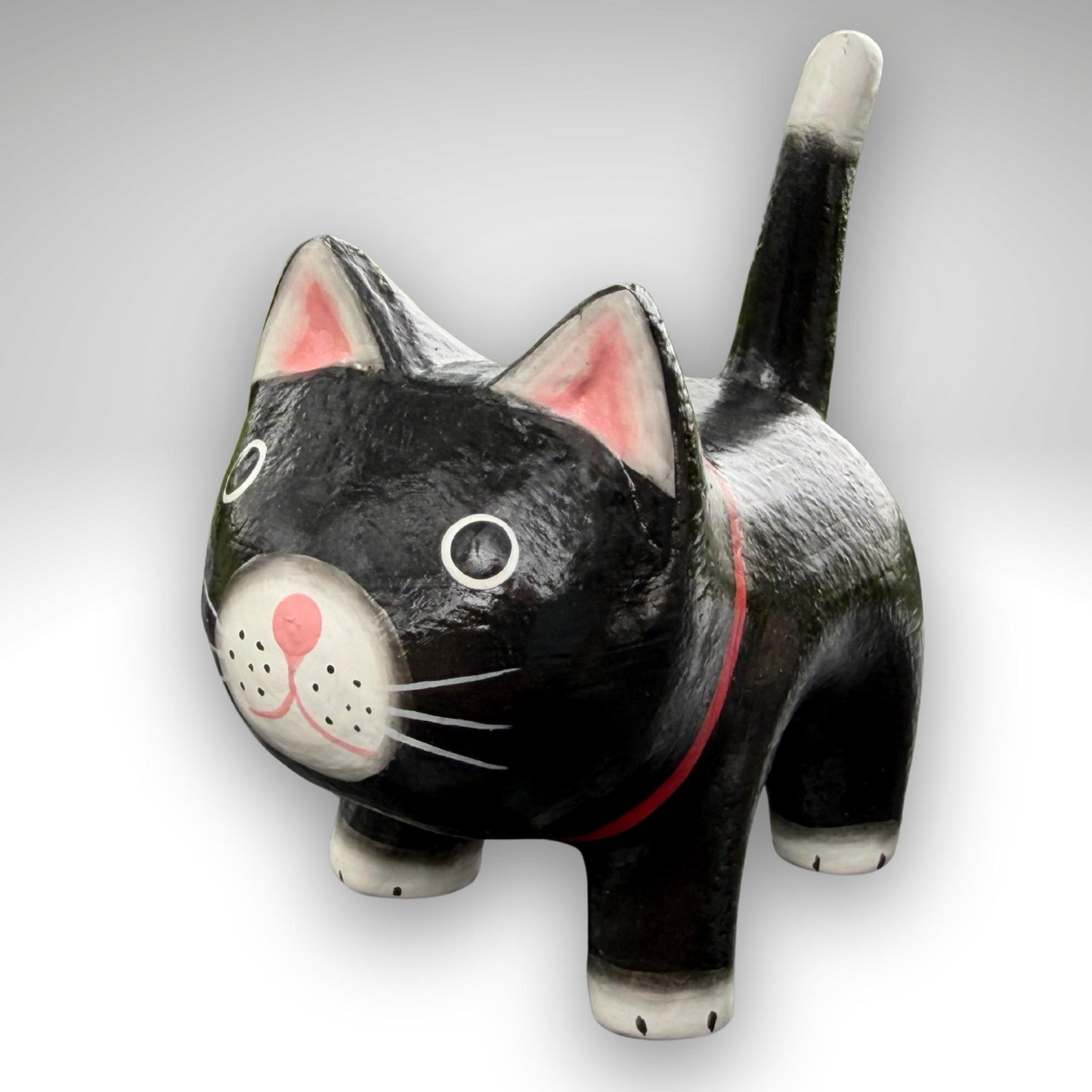 Playful Fat Cat Statue,  Hand Carved Wood & Colorfully Painted, Balinese Folk Art