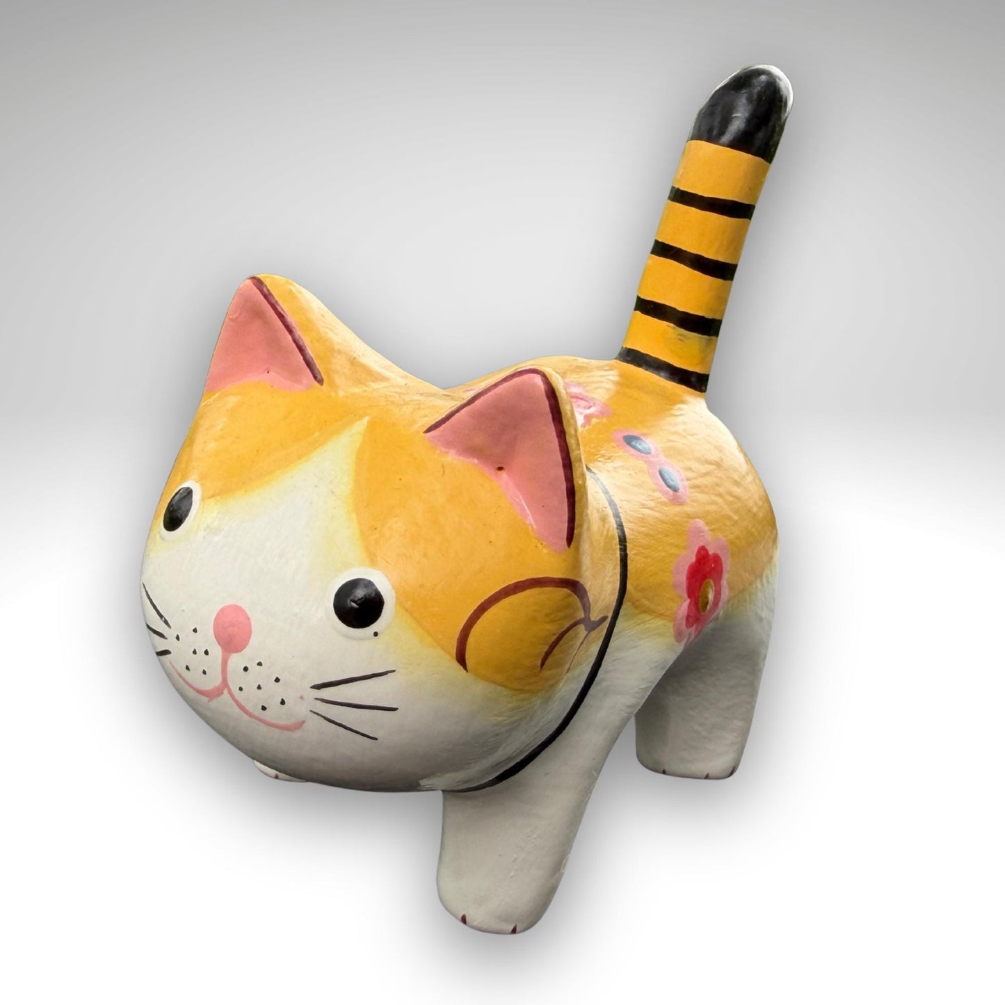 Playful Fat Cat Statue,  Hand Carved Wood & Colorfully Painted, Balinese Folk Art