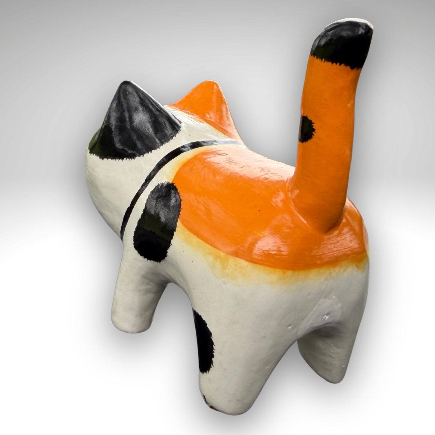 Playful Fat Cat Statue,  Hand Carved Wood & Colorfully Painted, Balinese Folk Art
