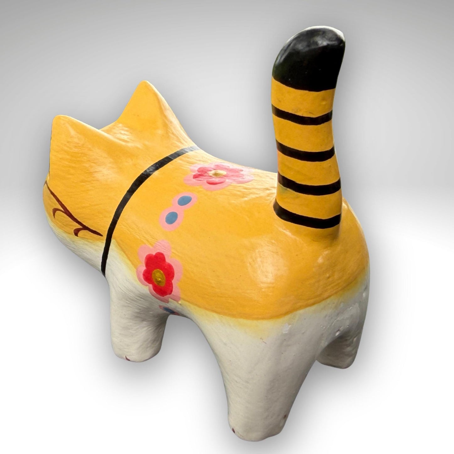 Playful Fat Cat Statue,  Hand Carved Wood & Colorfully Painted, Balinese Folk Art