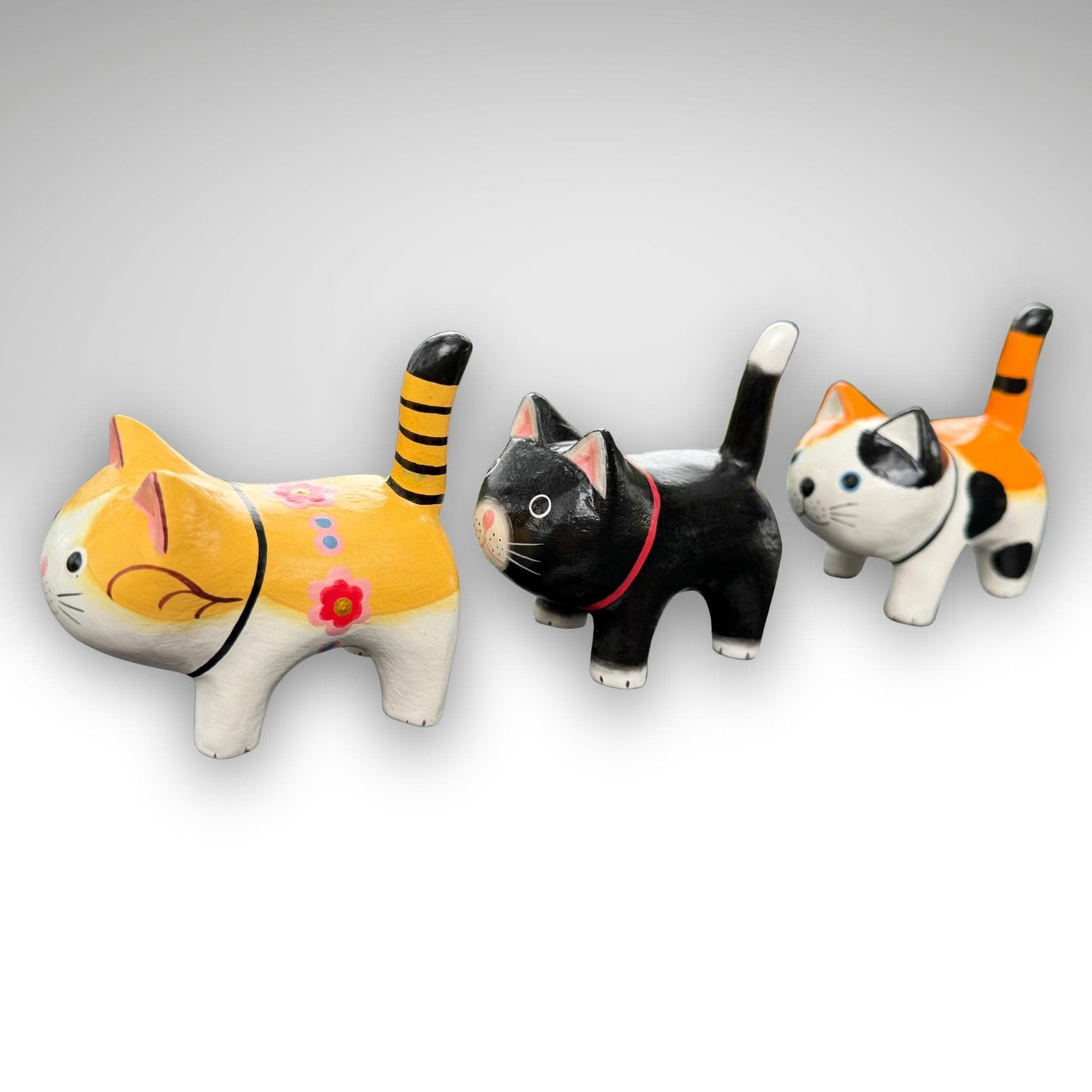 Playful Fat Cat Statue,  Hand Carved Wood & Colorfully Painted, Balinese Folk Art