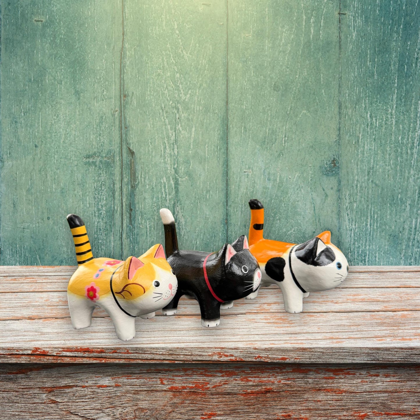 Playful Fat Cat Statue,  Hand Carved Wood & Colorfully Painted, Balinese Folk Art