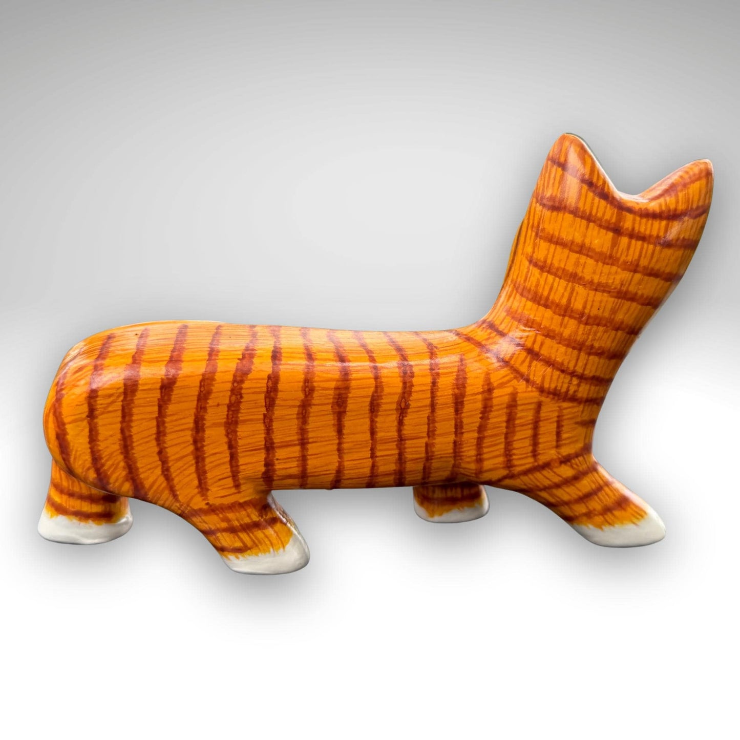 Playful Slinky Cat Statue,  Hand Carved Wood & Colorfully Painted, Balinese Folk Art
