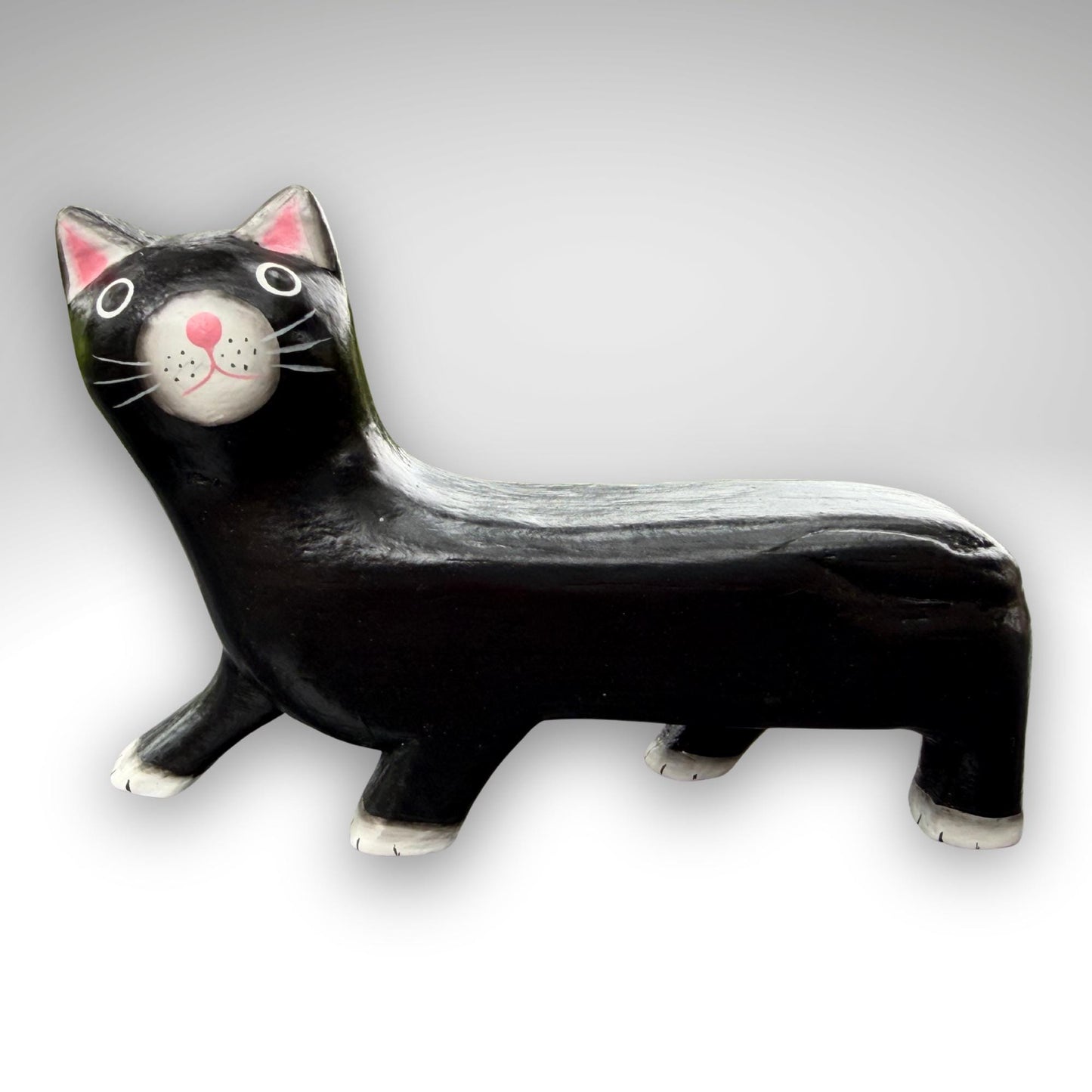 Playful Slinky Cat Statue,  Hand Carved Wood & Colorfully Painted, Balinese Folk Art