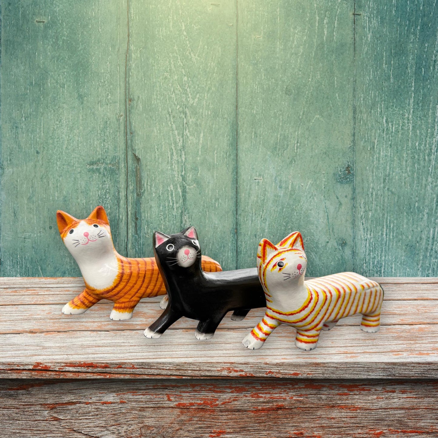 Playful Slinky Cat Statue,  Hand Carved Wood & Colorfully Painted, Balinese Folk Art
