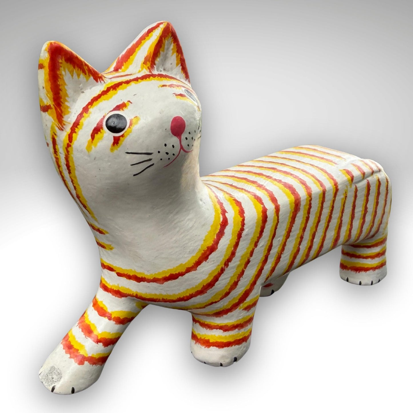 Playful Slinky Cat Statue,  Hand Carved Wood & Colorfully Painted, Balinese Folk Art