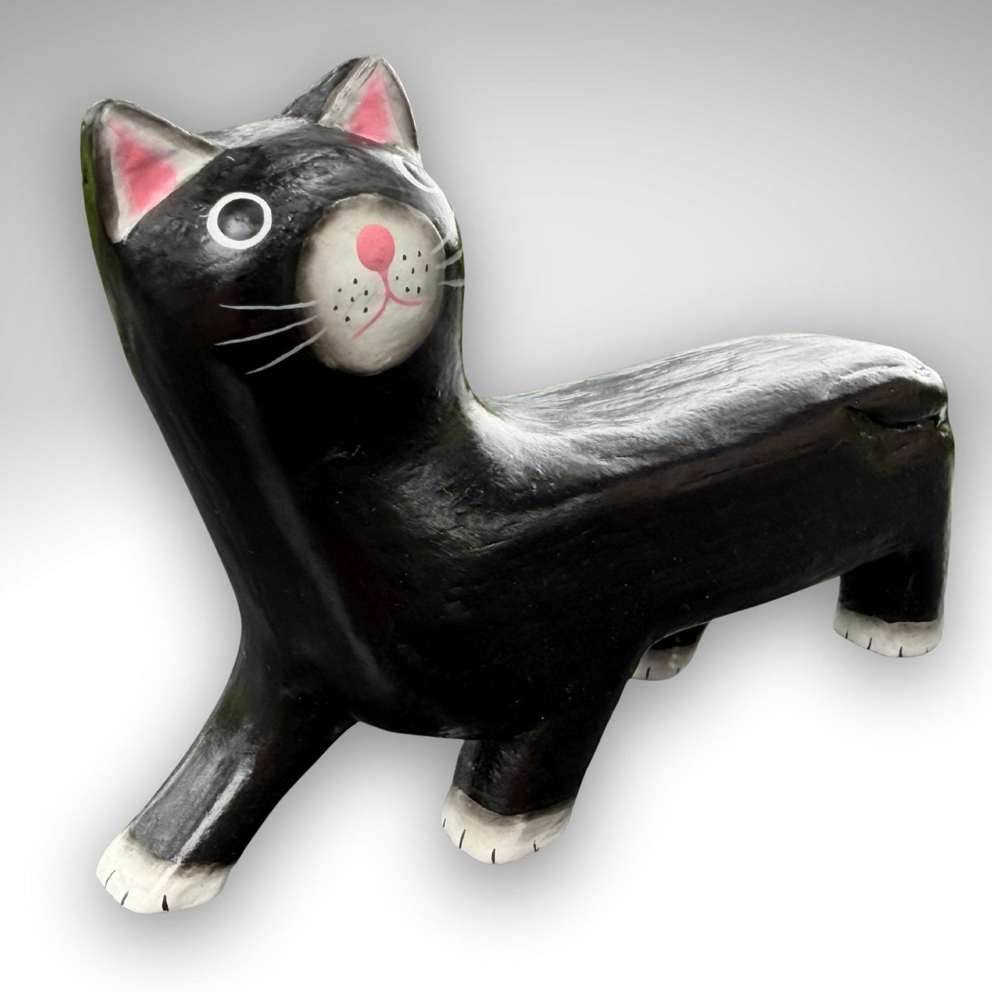 Playful Slinky Cat Statue,  Hand Carved Wood & Colorfully Painted, Balinese Folk Art