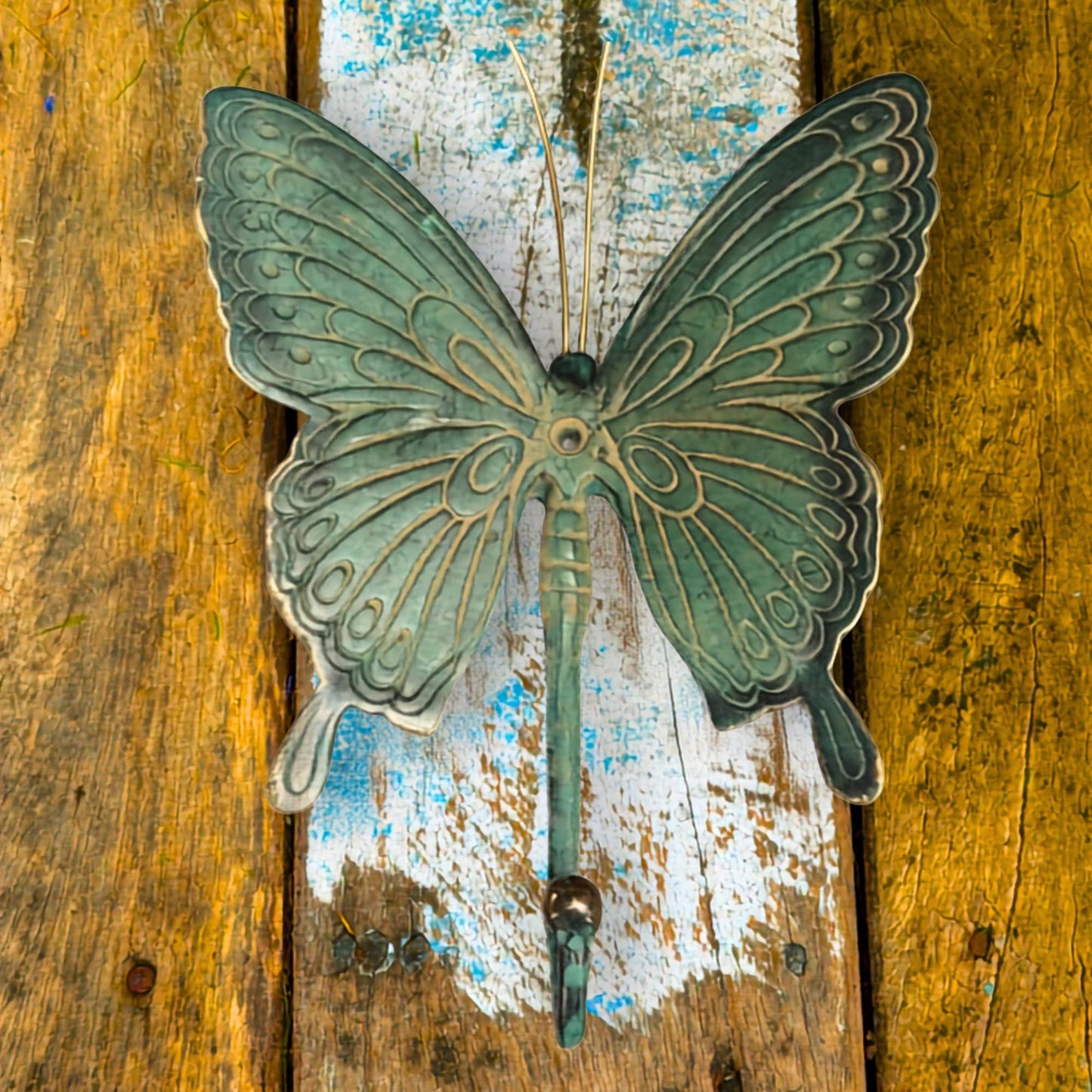 Butterfly Wall Coat Hook Handmade Verdigris Green solid cast Bronze Metal Handmade Balinese Art