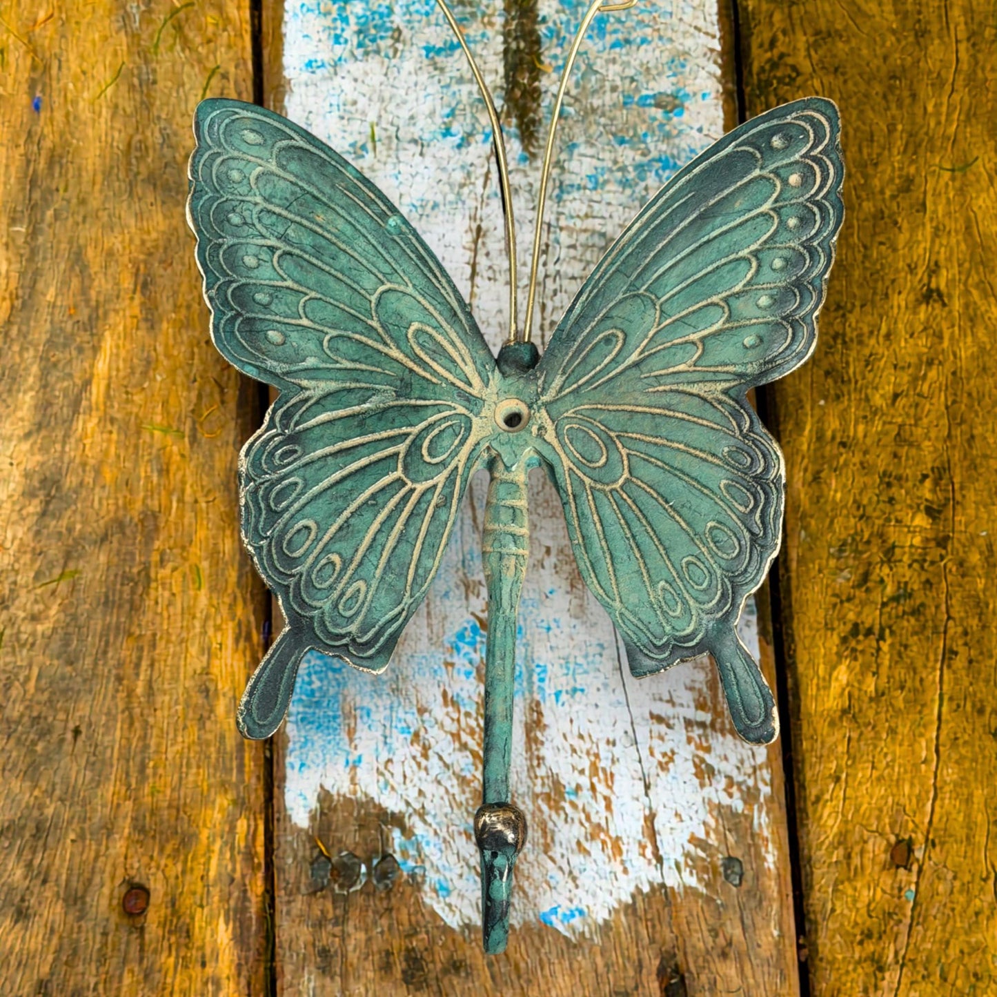 Butterfly Wall Coat Hook Handmade Verdigris Green solid cast Bronze Metal Handmade Balinese Art