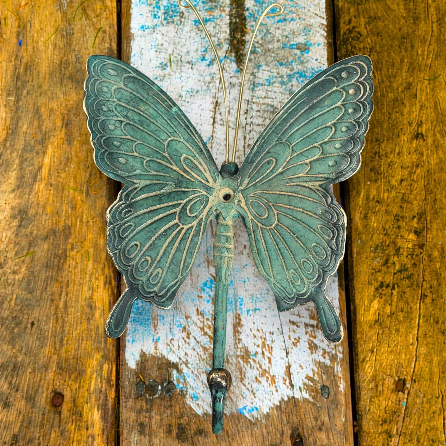 Butterfly Wall Coat Hook Handmade Verdigris Green solid cast Bronze Metal Handmade Balinese Art